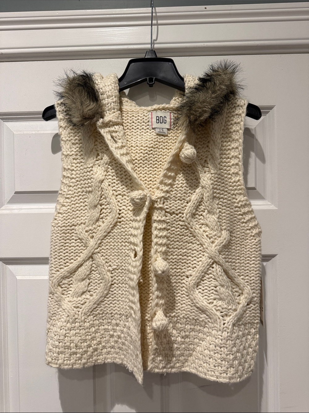 BDG Cream Cable Knit Hooded Vest with Faux Fur Trim